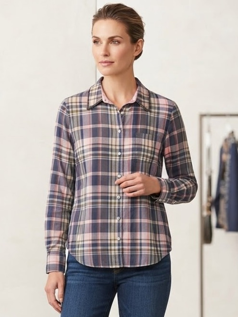 Tommy Bahama Beaded Collar Plaid Flannel Button Down Shirt Pink Navy Blue M